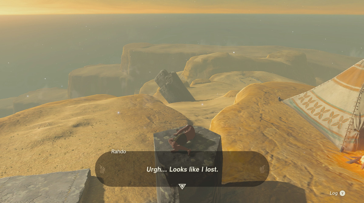 An image shows Rahdo from The Legend of Zelda: Tears of the Kingdom passed out on a rock. The text on the image reads: “Urgh... Looks like I lost.”