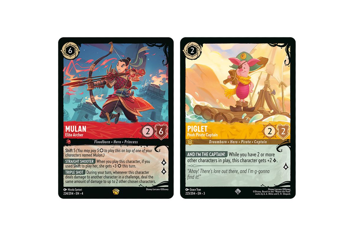 Mulan, Elite Archer and Piglet, Pooh Pirate Captain cards from Illumineer’s Quest: Deep Trouble include unique powers like Straight Shooter, which allows you to add three to Mulan’s attack value if you shifted here on top of another Mulan card.