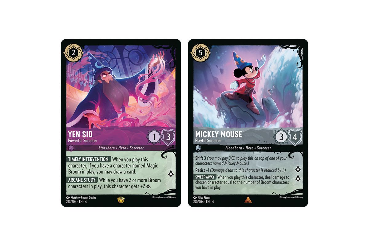 Yen Sid, Powerful Sorcerer and Mickey Mouse, Playful Sorcerer cards from Illumineer’s Quest: Deep Trouble include unique powers, like Timely Intervention, which allows you to draw a card if you have a Magic Broom in play.