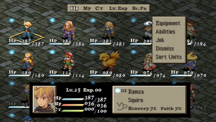 Managing party members in Final Fantasy Tactics: War of the Lions